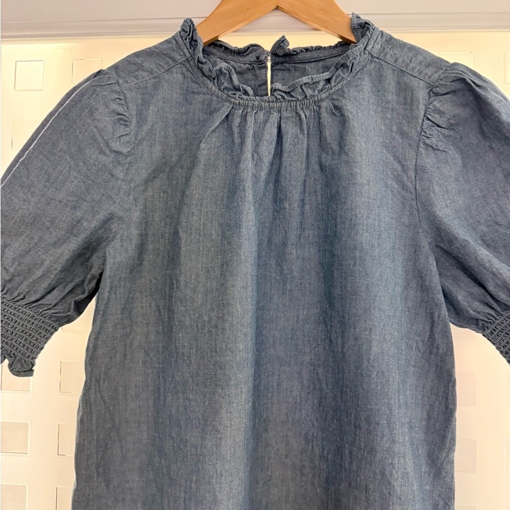 J Crew Chambray Ruffle Neck Puff Sleeve Top - Blue